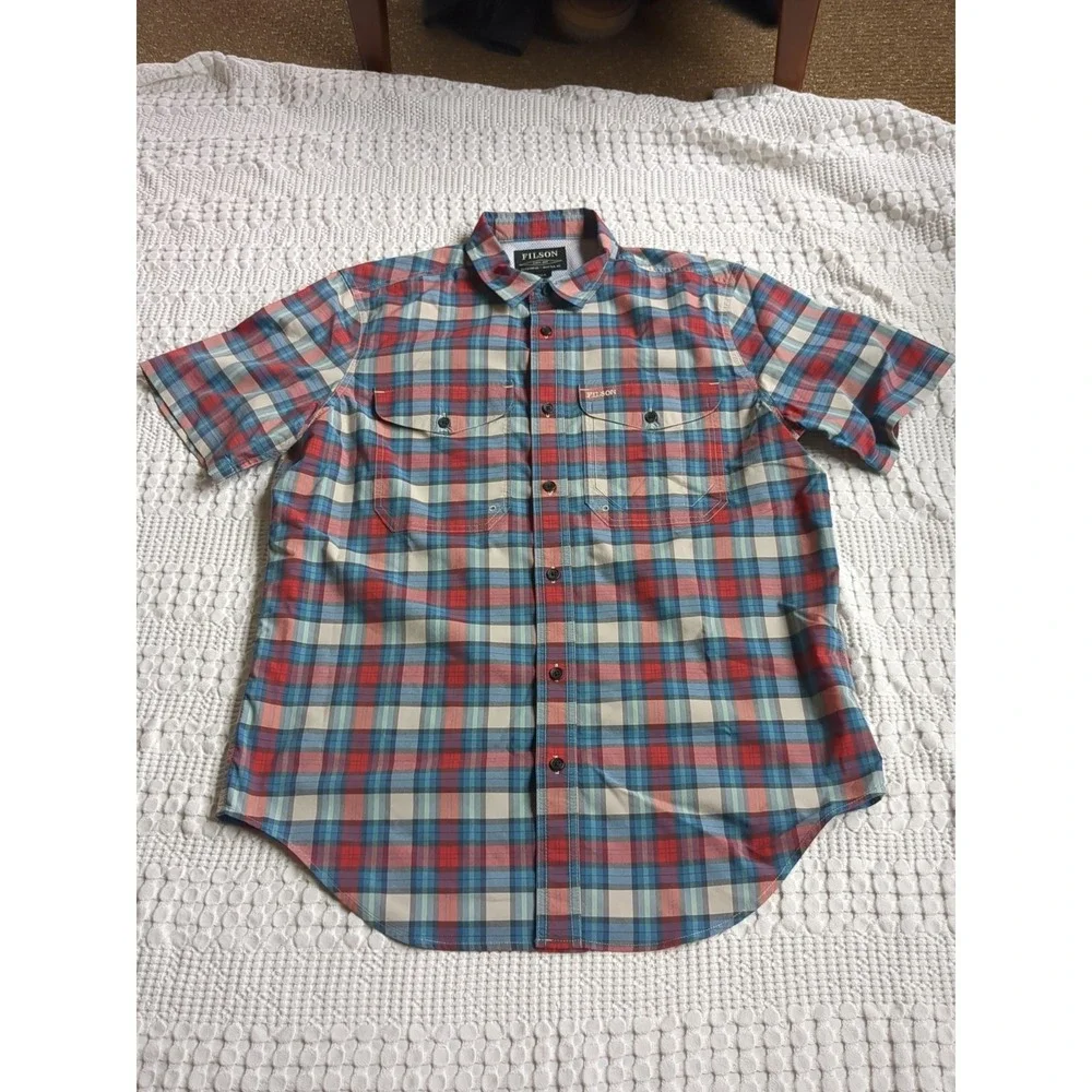 Filson Twin Lakes Sport Shirt Plaid Vented Short Sleeve Button Blue Red Medium